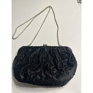 Vintage La Regale Clutch  Black Beaded Kisslock Evening Bag  Gold Chain Strap